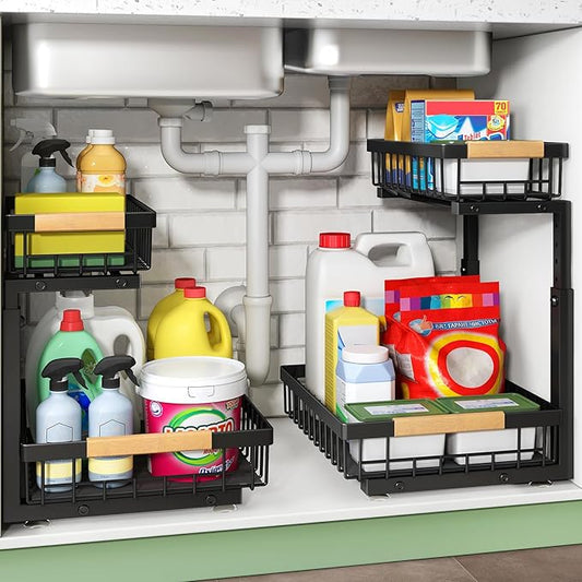 Modern Sustainable Standing Double-Layer Multifunction Pull-Out Basket Storage Rack Cabinet Kitchen Sink Metal Organizer