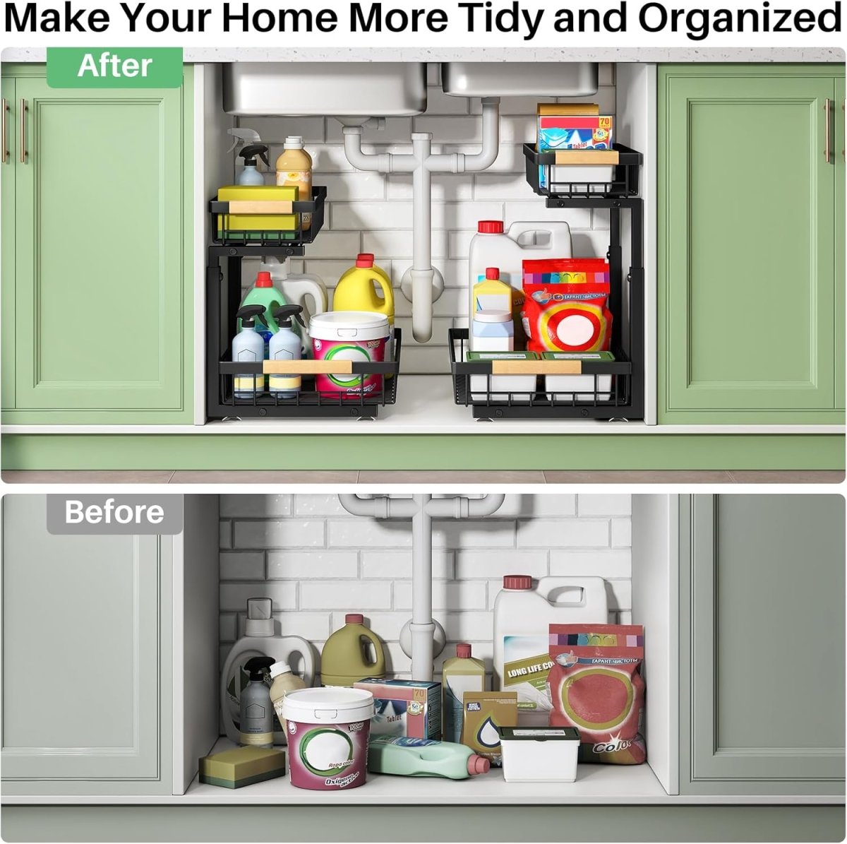 Modern Sustainable Standing Double-Layer Multifunction Pull-Out Basket Storage Rack Cabinet Kitchen Sink Metal Organizer