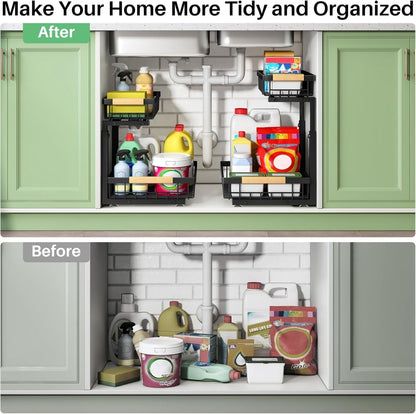 Modern Sustainable Standing Double-Layer Multifunction Pull-Out Basket Storage Rack Cabinet Kitchen Sink Metal Organizer